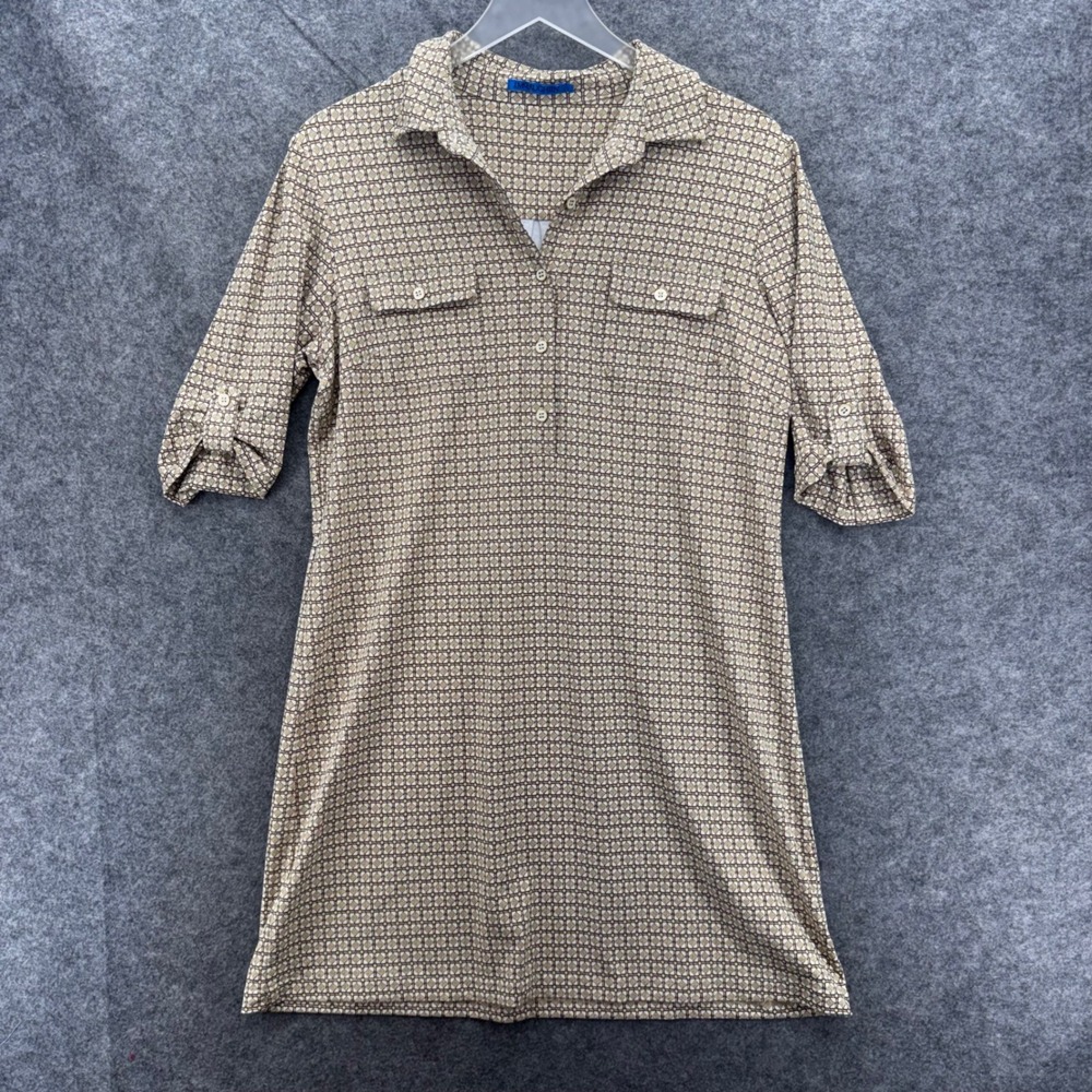 J.McLaughlin Womens Lawrence Dress Size L Tan Geometric Catalina Cloth Roll Tab - Picture 2 of 11